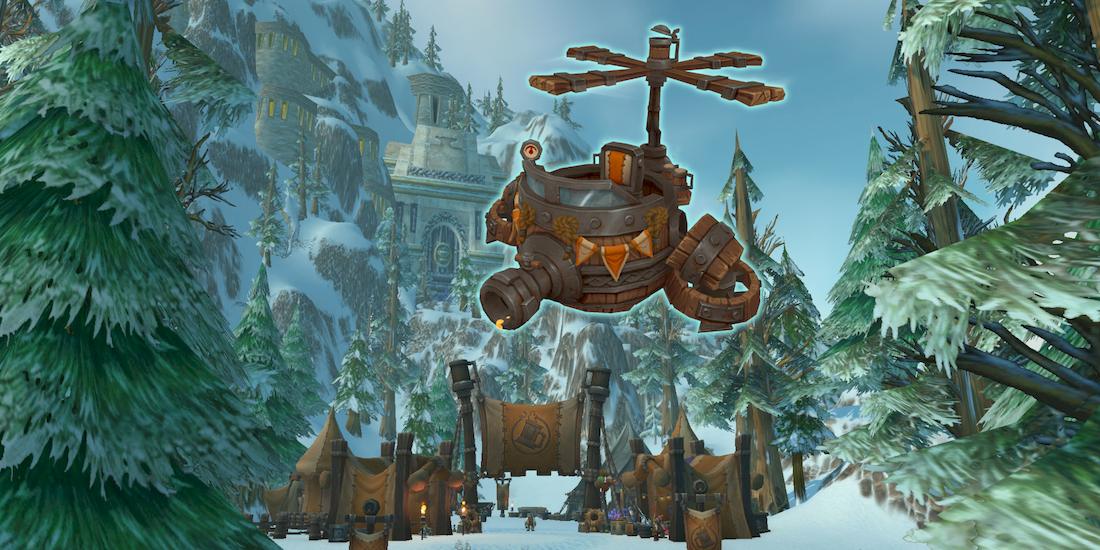 A picture of the new Brewfest Barrel Bomber mount in front of the Brewfest festival area amid the snows and pines outside of Ironforge. The mount looks like a semi-spherical, open cockpit 